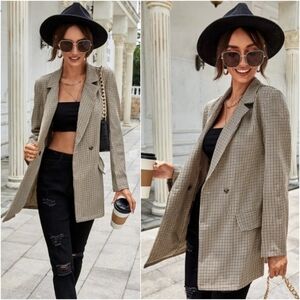 SHEIN Plaid Double Breasted Blazer Jacket Creamy Tan Beige Checkered Small